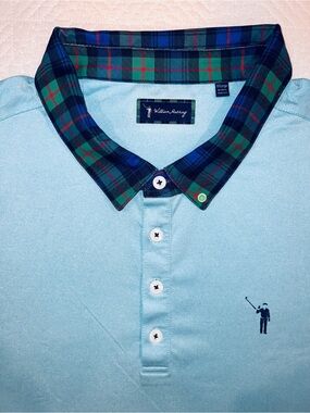 William Murray Family Ties Men’s 2XL Water Blue Tartan Performance Golf Polo